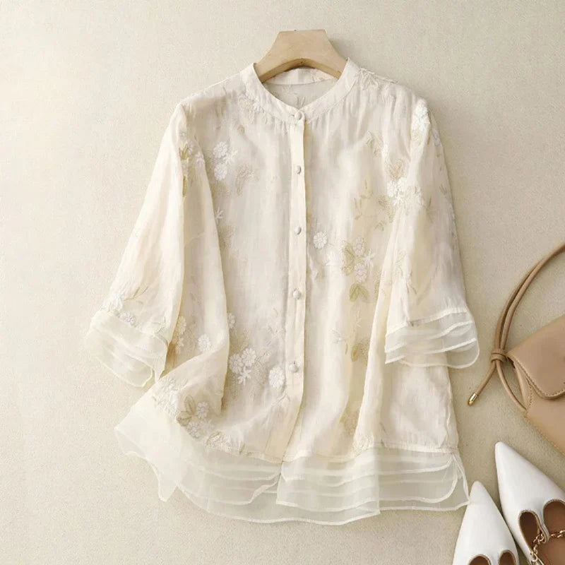 Theresia™ | Bestickte Bluse aus Leinen und Baumwolle