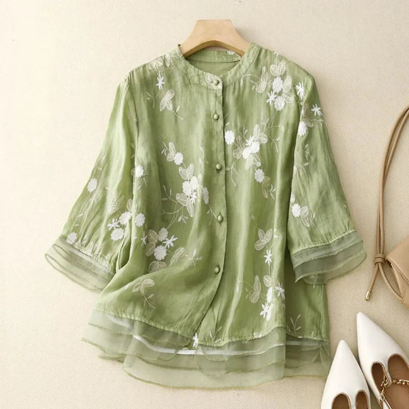 Theresia™ | Bestickte Bluse aus Leinen und Baumwolle