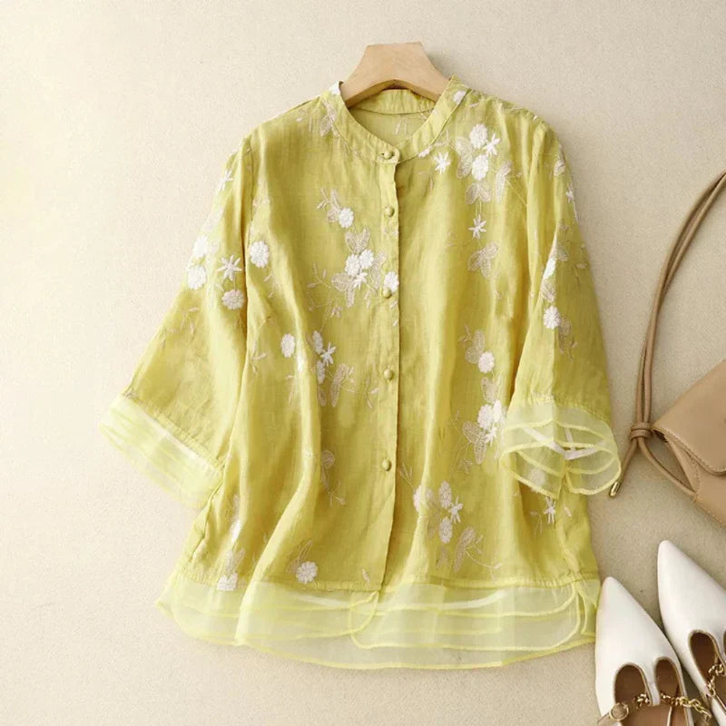 Theresia™ | Bestickte Bluse aus Leinen und Baumwolle