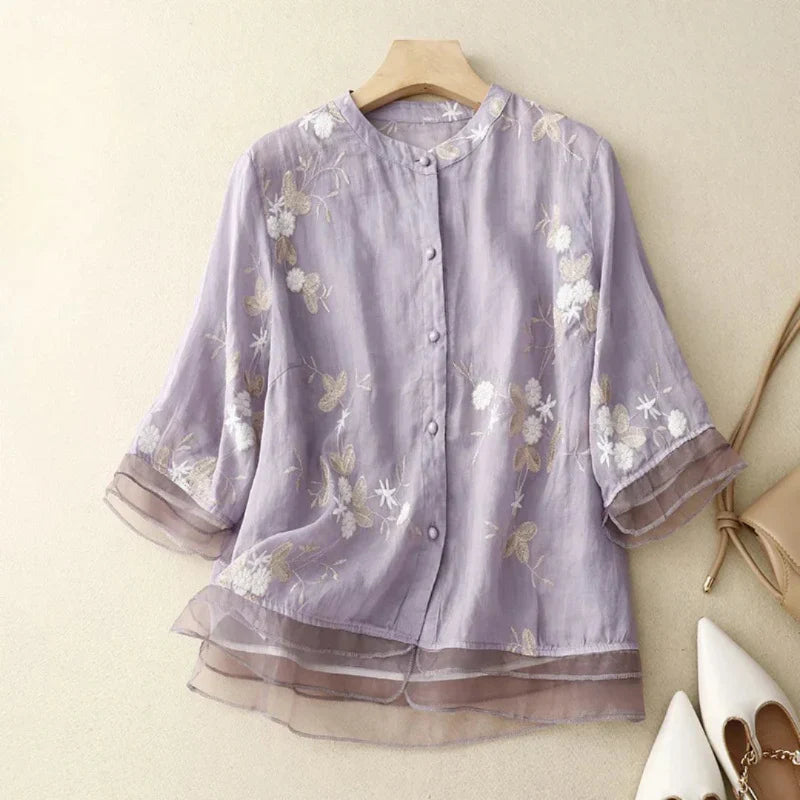Theresia™ | Bestickte Bluse aus Leinen und Baumwolle